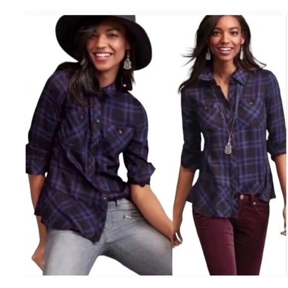 CABI Button Up Down Moody Plaid Shirt Top Blue Garnet Dark Plaid sz Small 3431 - Picture 4 of 13